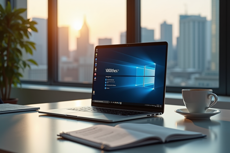 Bureau moderne avec ordinateur portable affichant une mise à jour Windows