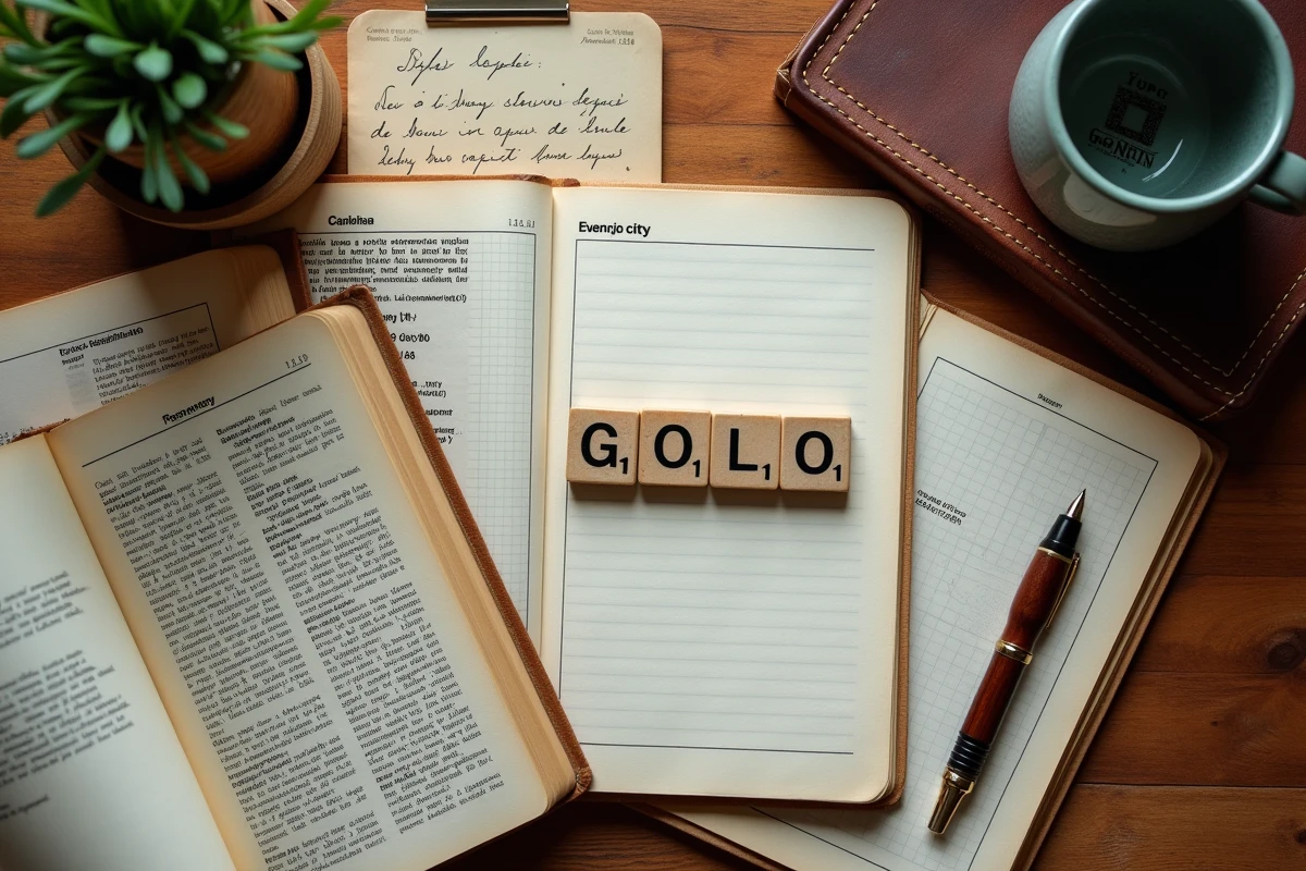 Vue à plat d'un bureau en chêne avec tuile Scrabble lettre G, dictionnaires français ouverts et notes manuscrites sur les capitales