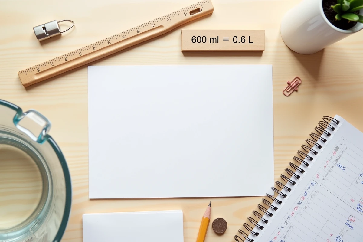 Vue du dessus d'un bureau avec une tasse graduée à 600 ml et une fiche de conversion en litres