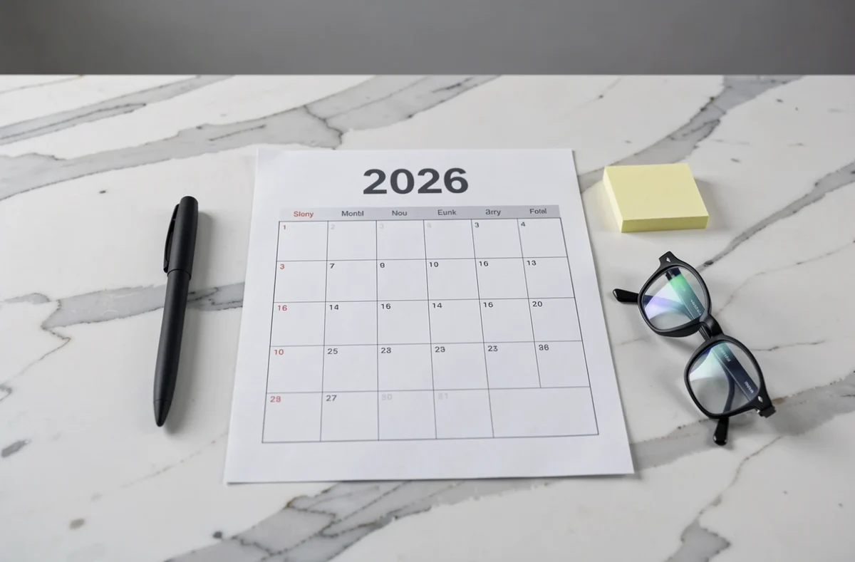 Calendrier mensuel 2026 imprimé posé sur marbre blanc avec papeterie minimaliste en vue de dessus