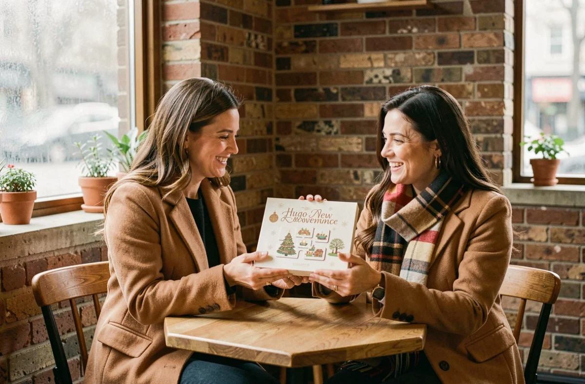 Deux femmes partageant un calendrier de l'Avent Hugo New Romance comme cadeau dans un café chaleureux en hiver