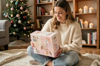Femme ouvrant un calendrier de l'Avent Hugo New Romance sur un plaid douillet au pied d'un sapin de Noël