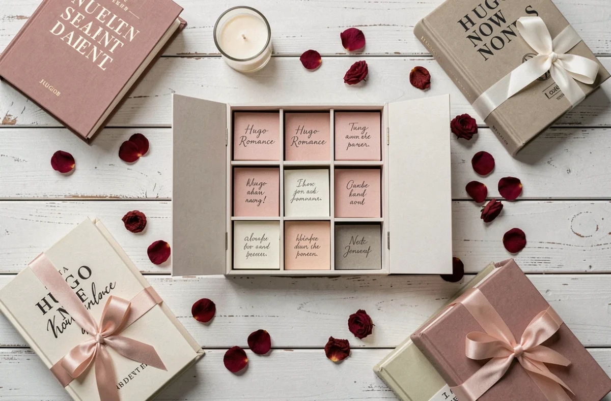 Vue de dessus d'un calendrier de l'Avent Hugo New Romance ouvert entouré de livres romantiques et d'accessoires festifs sur une table en bois blanc