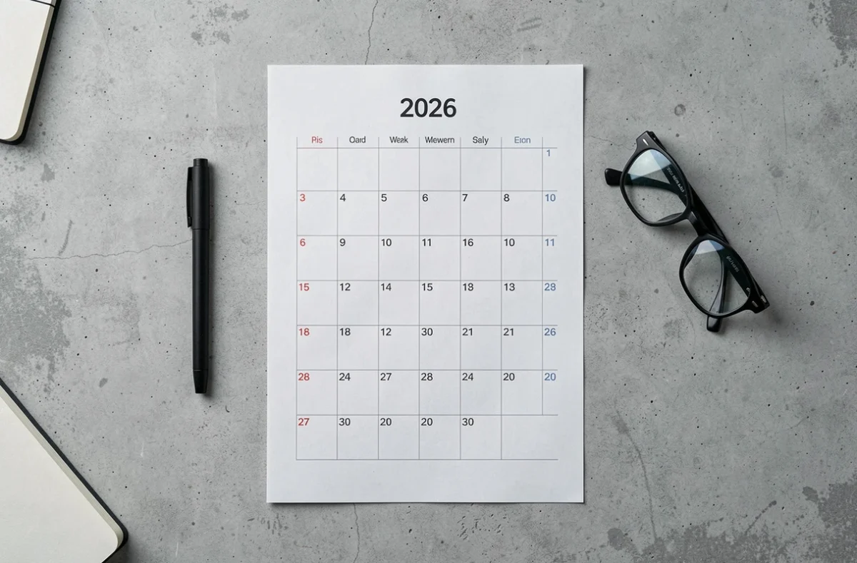 Calendrier imprimé semaine impaire 2026 en format A4 posé à plat sur un bureau en béton avec stylo et lunettes