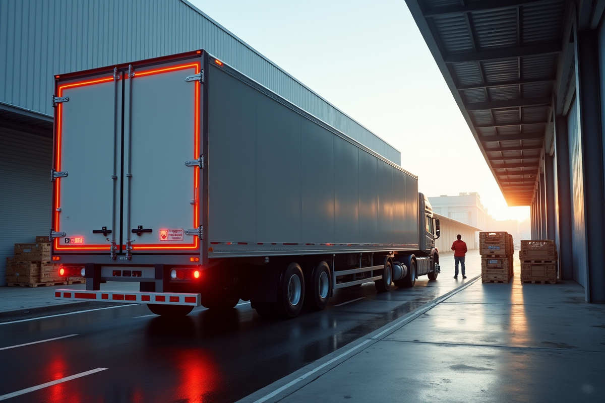 Camion frigorifique moderne en milieu urbain avec chargement