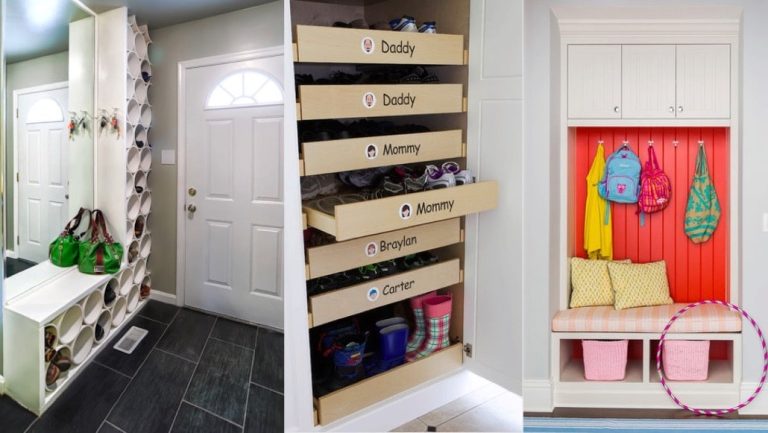 Entrée bien aménagée avec un meuble de rangement et des accessoires organisés