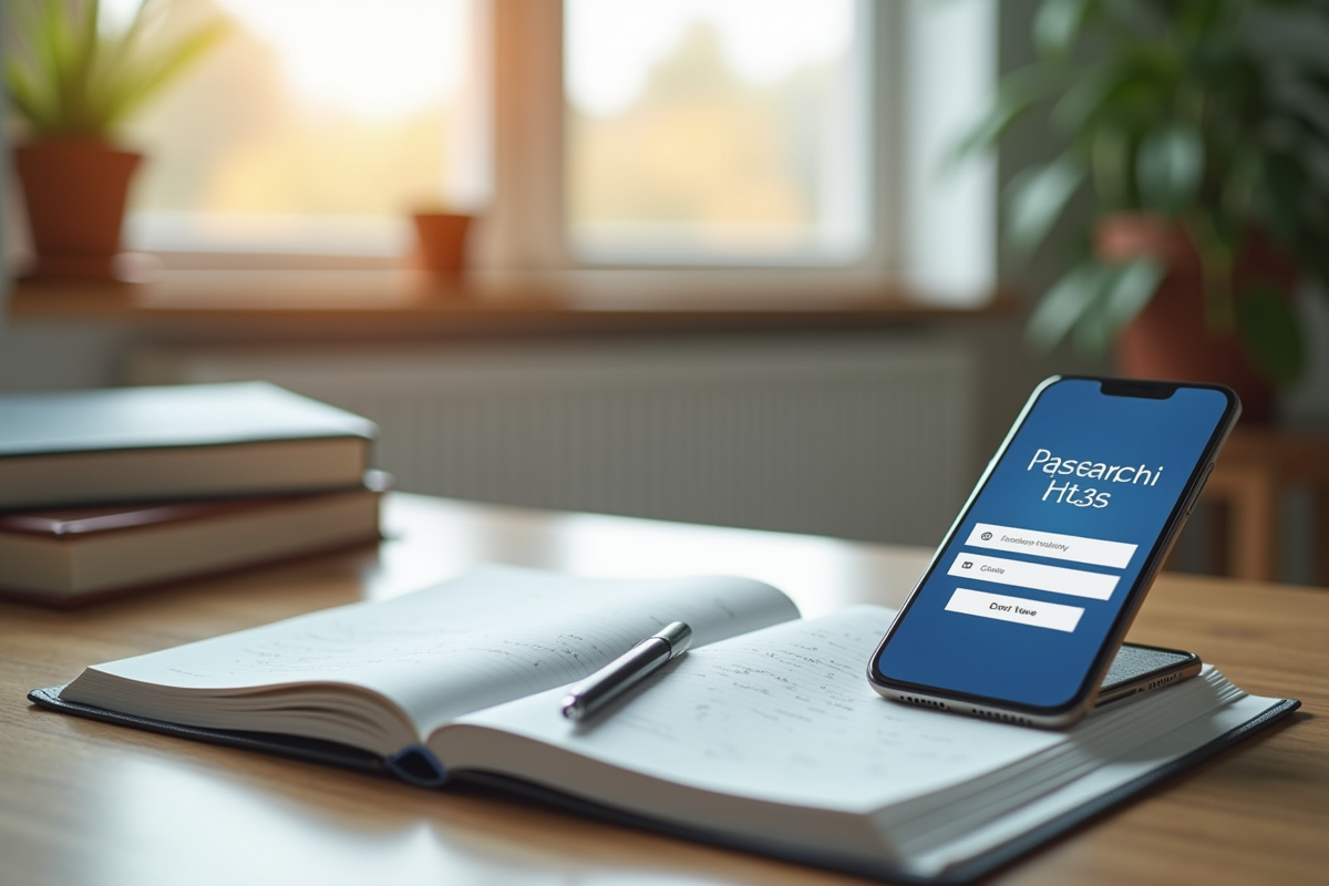 Carnet avec notes et smartphone affichant une page de recherche pour l article