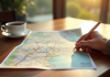 Main tenant une carte routière papier sur une table en bois
