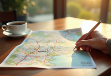 Main tenant une carte routière papier sur une table en bois