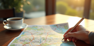 Main tenant une carte routière papier sur une table en bois