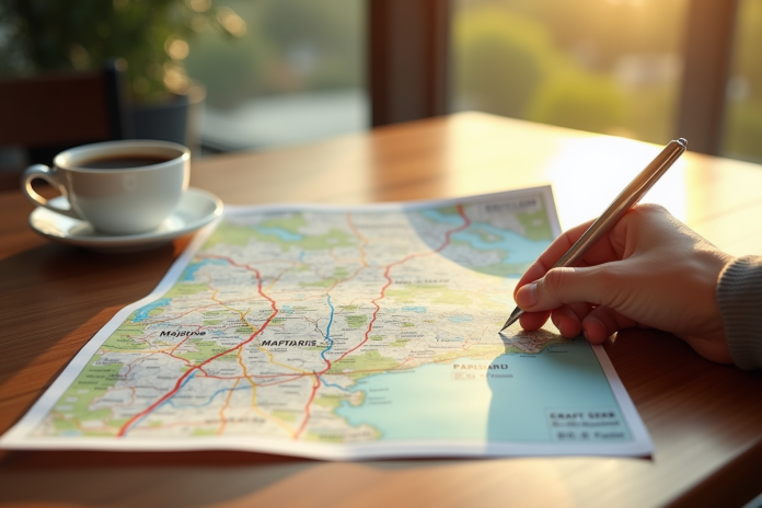 Main tenant une carte routière papier sur une table en bois