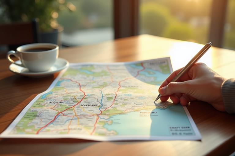 Main tenant une carte routière papier sur une table en bois