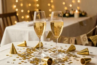 Flûtes de champagne dorées entourées de confettis et cotillons pour carte de voeux 2026