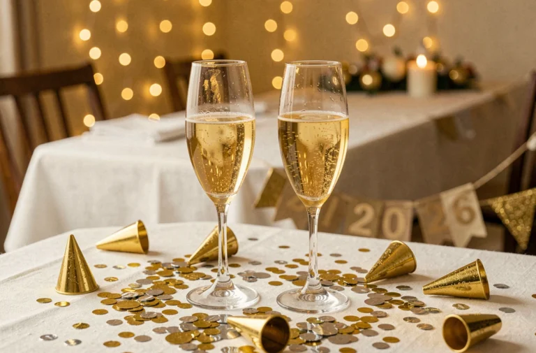 Flûtes de champagne dorées entourées de confettis et cotillons pour carte de voeux 2026
