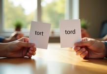Deux mains tenant des cartes avec tort et tord sur un bureau en bois