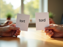 Deux mains tenant des cartes avec tort et tord sur un bureau en bois