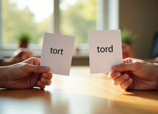 Deux mains tenant des cartes avec tort et tord sur un bureau en bois