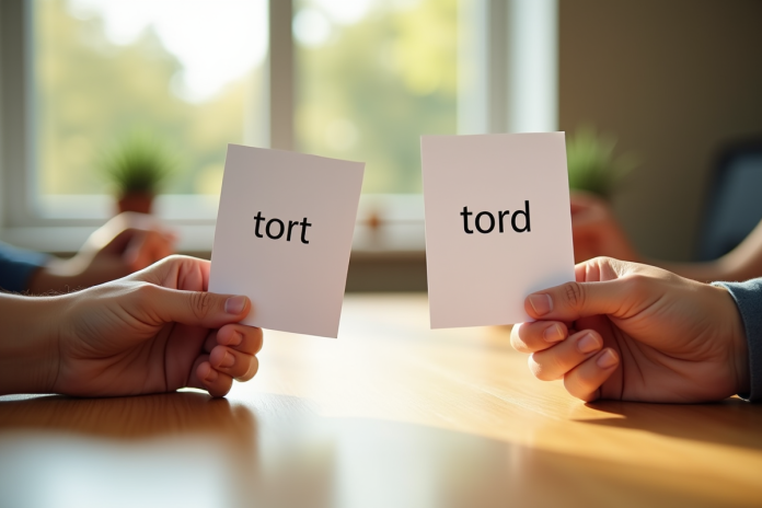 Deux mains tenant des cartes avec tort et tord sur un bureau en bois