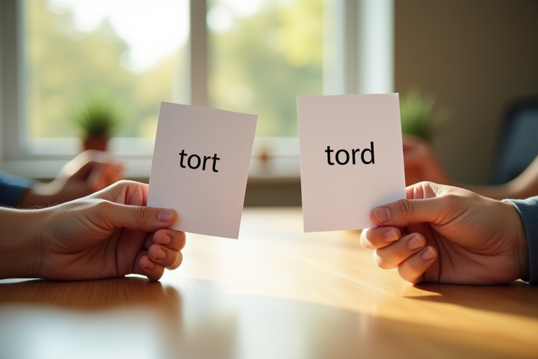 Deux mains tenant des cartes avec tort et tord sur un bureau en bois