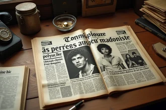 Journal vintage des années 1970 ouvert sur un bureau en bois avec des articles et photos en noir et blanc sur la mort d'un chanteur célèbre, atmosphère d'enquête journalistique