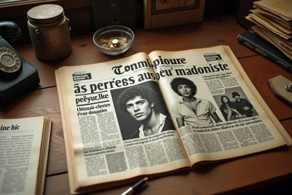 Journal vintage des années 1970 ouvert sur un bureau en bois avec des articles et photos en noir et blanc sur la mort d'un chanteur célèbre, atmosphère d'enquête journalistique