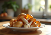 Mains tenant des chanterelles fraîches sur une assiette blanche