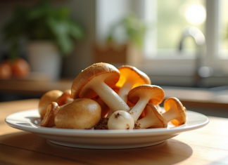 Mains tenant des chanterelles fraîches sur une assiette blanche
