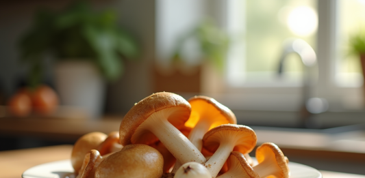 Mains tenant des chanterelles fraîches sur une assiette blanche