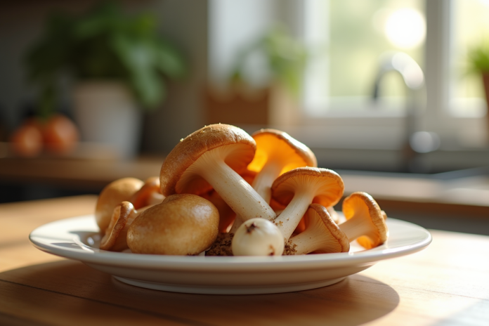 Mains tenant des chanterelles fraîches sur une assiette blanche