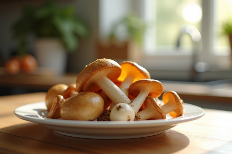 Mains tenant des chanterelles fraîches sur une assiette blanche