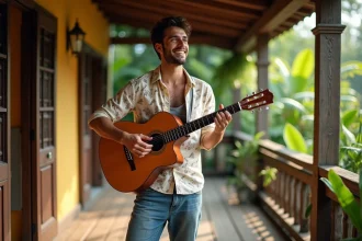 Jeune chanteur brésilien jouant de la guitare sur une veranda