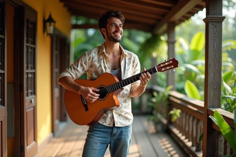 Jeune chanteur brésilien jouant de la guitare sur une veranda