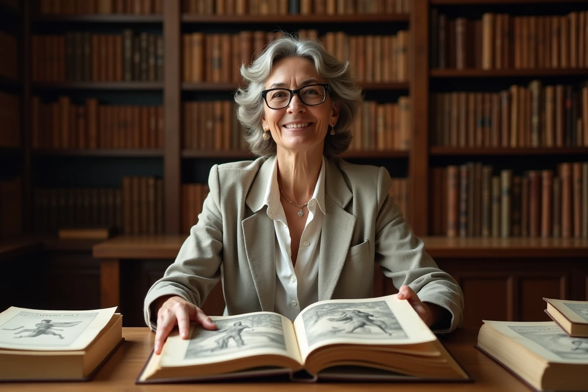 Chercheuse en mythologie comparant les représentations d'Hermès et de Mercure dans des ouvrages académiques d'une bibliothèque universitaire