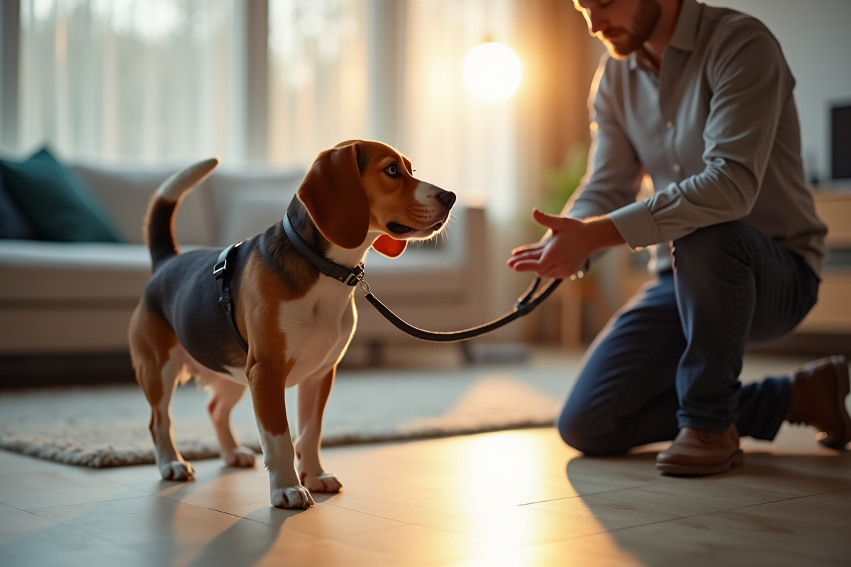 Chien beagle adulte en apprentissage en intérieur lumineux