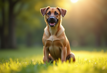 Chien Labrador Malinois assis dans un parc ensoleille