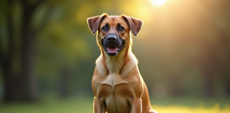Chien Labrador Malinois assis dans un parc ensoleille
