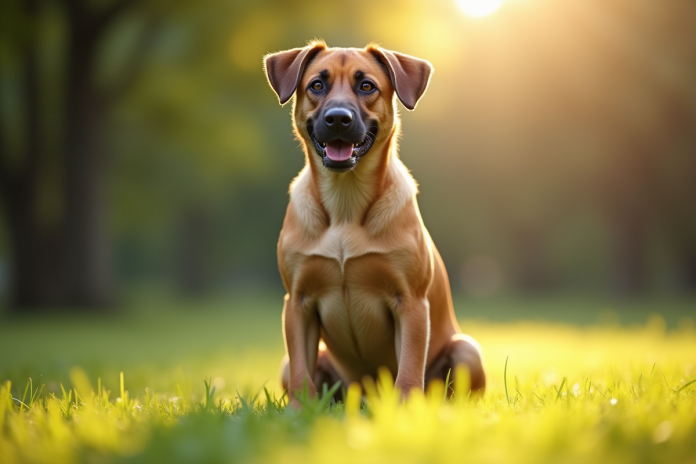 Chien Labrador Malinois assis dans un parc ensoleille