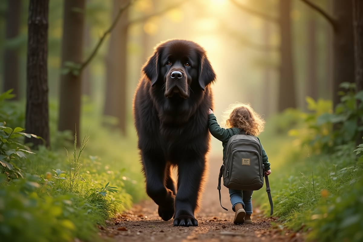 Chien Newfoundland portant un sac à dos dans la forêt au matin