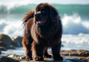 Chien Newfoundland debout fièrement sur la côte rocheuse