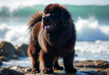 Chien Newfoundland debout fièrement sur la côte rocheuse