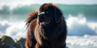 Chien Newfoundland debout fièrement sur la côte rocheuse