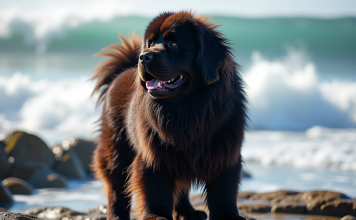 Chien Newfoundland debout fièrement sur la côte rocheuse