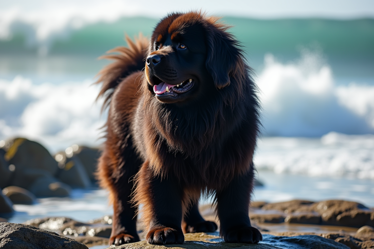 Chien Newfoundland debout fièrement sur la côte rocheuse