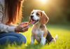 Chiot beagle souriant assis dans l'herbe avec une maîtresse