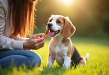 Chiot beagle souriant assis dans l'herbe avec une maîtresse