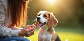 Chiot beagle souriant assis dans l'herbe avec une maîtresse