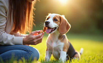 Chiot beagle souriant assis dans l'herbe avec une maîtresse