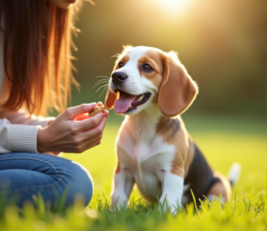 Chiot beagle souriant assis dans l'herbe avec une maîtresse
