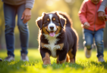 Chiot bouledogue joyeux avec enfants dans un parc ensoleille