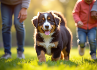 Chiot bouledogue joyeux avec enfants dans un parc ensoleille